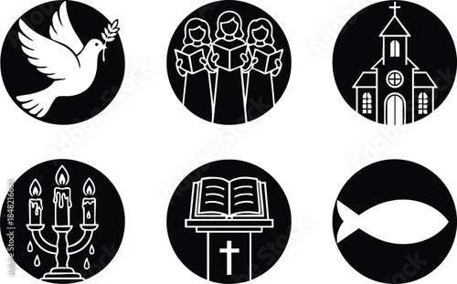 Flat icon set six circular religious symbols dove open bible church candles fish three figures minimalist black and white round badges two rows silhouette monochrome vector