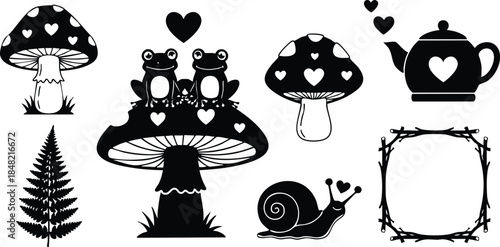 Flat design close up whimsical mushroom and frog icon set with teapot snail fern and heart motifs hand drawn silhouette style for craft print stickers projects