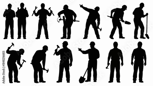 Collection of construction workers in various poses with tools