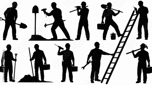 Construction workers in various poses with tools and equipment