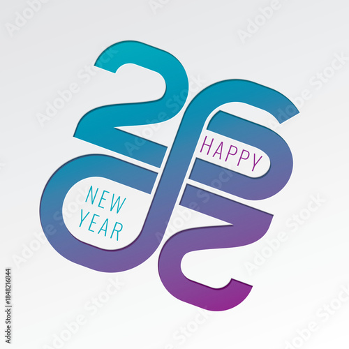 2026 Cut Bold Numerals Logo with Numbers Making Mobius Loop Impossible Figure and Happy New Year Greetings Lettering - Multicolor on White Background - Mixed Graphic Design