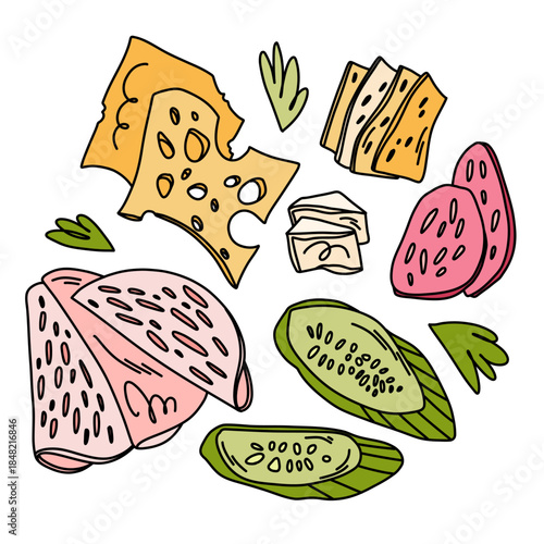 Hand-drawn Snack Ingredients Collection. A platter of cold meats, cheeses, and herbs for serving