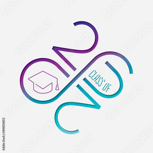 Class of 2026 Cut Numerals Logo with Zero and Six Making Mobius Loop Square Academic Graduation Cap Sign and Lettering - Multicolor on White Background - Gradient Graphic Design