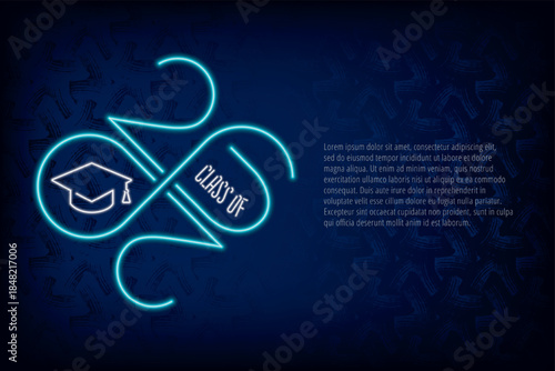 Class of 2026 Numerals Neon Sign Style Logo with Numbers Making Mobius Loop Square Academic Graduation Cap Sign and Lettering - Turquoise on Dark Background - Gradient Graphic Design