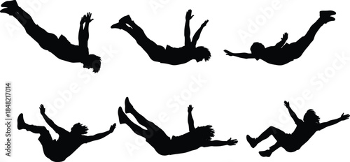 Falling person silhouette set showing human freefall and skydiving poses isolated on white background black people vector illustration collection