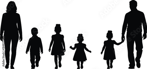 Family walking silhouette with parents and children holding hands together isolated on white background black human vector illustration collection
