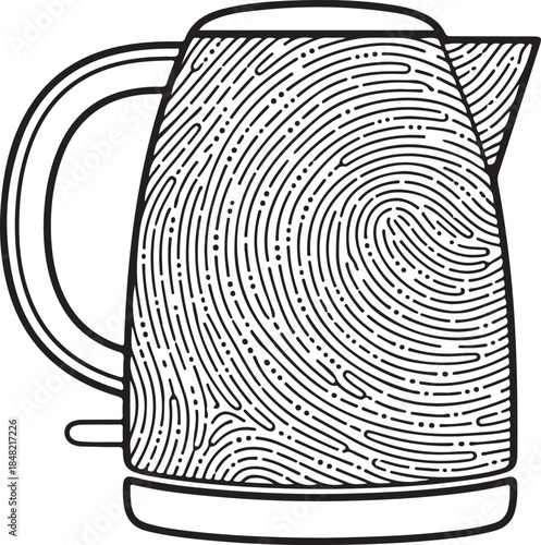 Electric kettle outline illustration with detailed fingerprint pattern overlay, symbolizing personal touch and unique identity