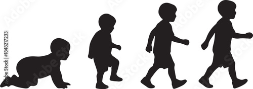 Early childhood developmental milestones: a sequential series of baby and toddler silhouettes progressing from crawling to walking.