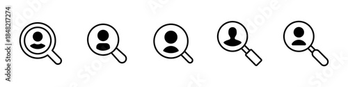 Search profile icon. Magnifier with user avatar for candidate lookup and identity review vector illustration. Tool for hiring analysis, applicant discovery and personnel focus concept.