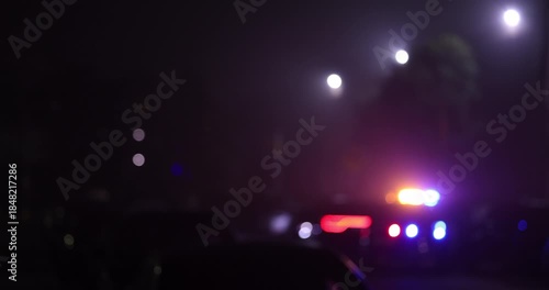 Abstracted illuminated night view of police units on a city street.