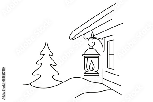 Lantern Light Elegance. "New Year Cabin Lantern Light". Minimalistic one-line drawing a lantern glowing softly