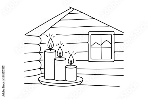 Cabin Candle Glow. "New Year Cabin Candles". Minimalistic one-line drawing candles glowing softly in a rustic