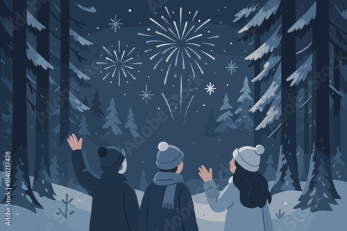 Winter Fireworks Spectacle. Snowy forest clearing. Friends watch fireworks through tall pines; colors scatter