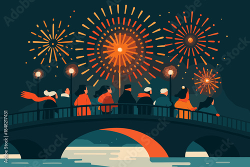Fireworks Over Icy Bridge. Bridge over frozen river. Fireworks ignite behind the arch; crowds lean on railings