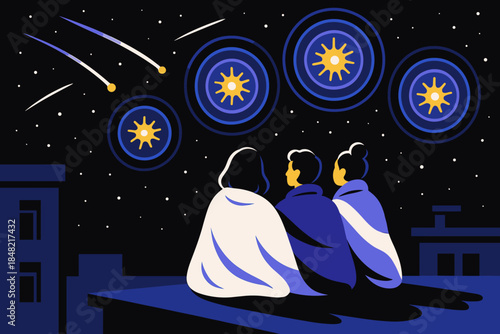 Rooftop Stargazing Magic. Rooftop stargazers. Friends wrapped in blankets watch dazzling midnight bursts;