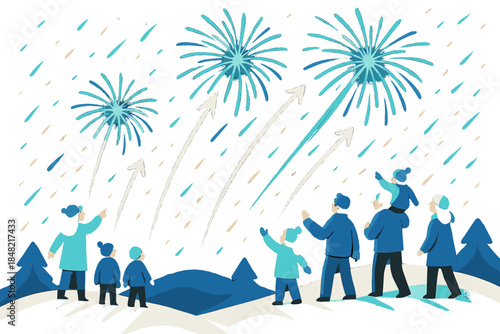 Winter Hilltop Festivity. Hilltop celebration. Families stand on a snowy ridge as brilliant streaks arc