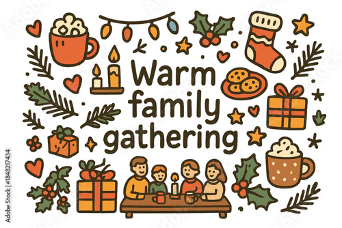Warm Family Doodle. family gathering. Hand-drawn doodle illustration of Warm family gathering. Family table,