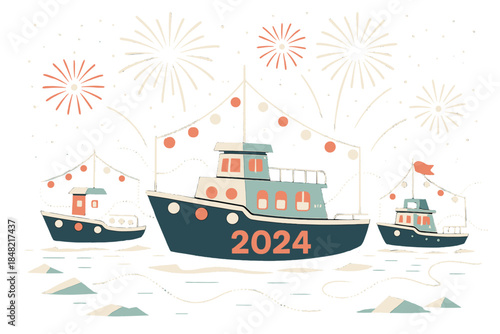 New Year Boat Parade. New Year boat parade. Small boats glide on icy waters as fireworks cascade above;