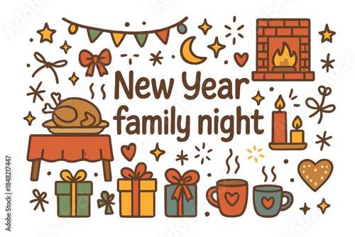 New Year Celebration. New Year family night. Hand-drawn doodle illustration of New Year family night. Stars,