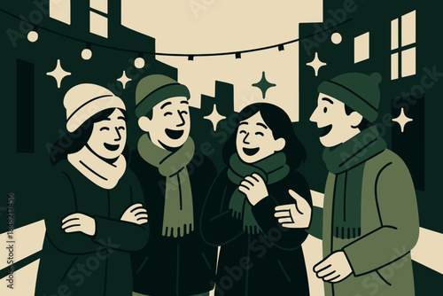Joyful Winter Gathering. street gathering. Friends wrap scarves tight while sharing jokes under twinkling
