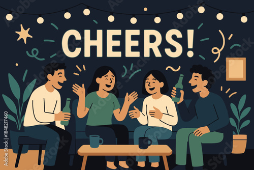 Lively Indoor Celebration. Indoor celebration. A living room glows with string lights as friends share funny