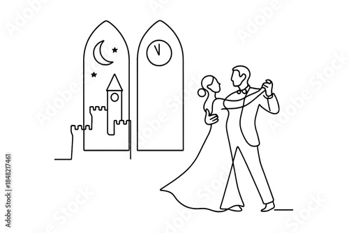 Midnight Castle Waltz. Enchanted castle New Year midnight waltz. Minimalistic one-line drawing couple dancing