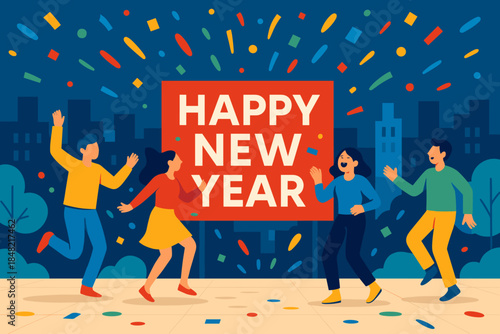 New Year Celebration. City plaza festivities. A vibrant group dances and laughs near a New Year sign; bursts