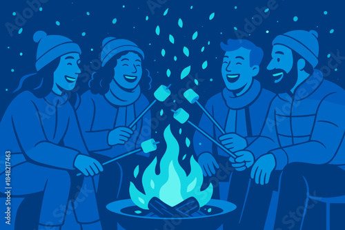 Snowy Firepit Gathering. firepit party. Friends toast marshmallows while laughing under gentle snowfall;