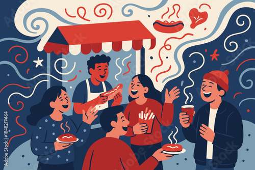 Festive Food Stand. food stand fun. A cheerful crowd gathers around a festive stall, laughing over hot treats;