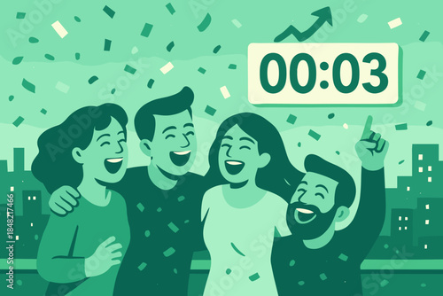 Rooftop Countdown Celebration. Rooftop countdown joy. A lively group huddles together, laughing as the final