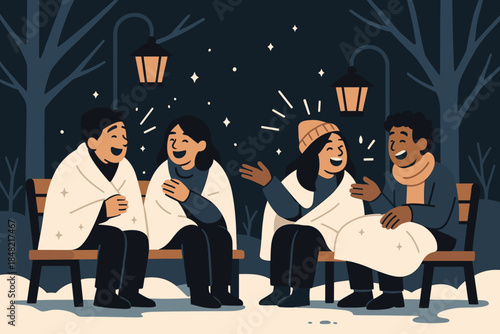 Icy Park Hangout. Icy park hangout. Friends sit on benches wrapped in blankets, giggling at shared jokes;