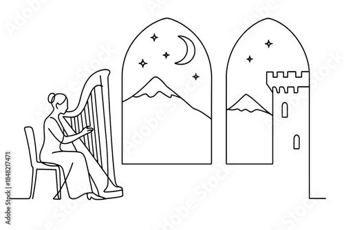Harpist in Castle. New Year spellbound night in a mountain castle. Minimalistic one-line drawing harpist