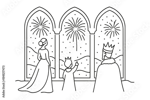 Minimalist New Year Fireworks. Royal snowy New Year celebration. Minimalistic one-line drawing silhouettes