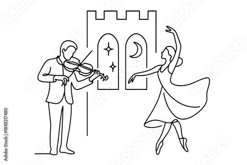 Fairytale Soirée Elegance. New Year fairytale soirée inside a luminous keep. Minimalistic one-line drawing