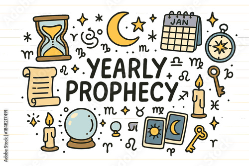 Mystical Yearly Prophecy. Yearly Prophecy. Hand-drawn doodle illustration of Yearly Prophecy. hourglass,