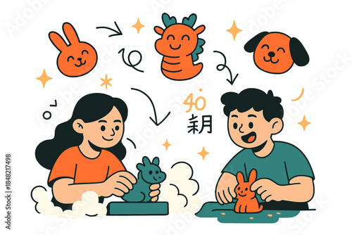 Clay Animal Parade. Shaping clay animal mascots. Kids mold tiny smiling creatures for the New Year, with soft