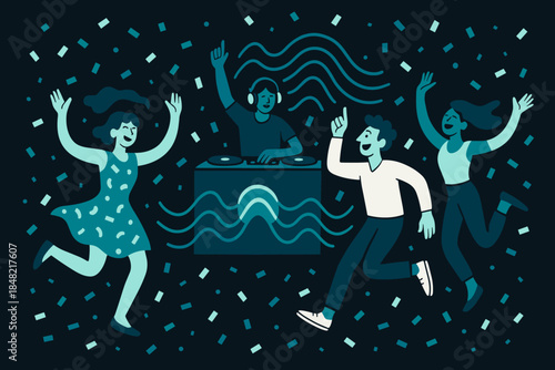 Neon Dance Celebration. Dancefloor Celebration. Friends spin and jump as confetti rains down; neon soundwaves