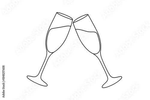Midnight Champagne Toast. Champagne flutes meeting at midnight. Minimalistic one-line drawing glasses slightly