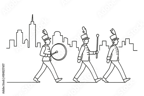 Minimal Parade Illustration. City parade marching for New Year. Minimalistic one-line drawing performers