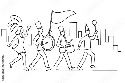 Minimalist Parade Illustration. Downtown New Year parade procession. Minimalistic one-line drawing marching