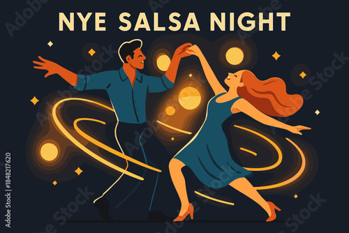 Dramatic Salsa Dance. NYE Salsa Night. A couple spins dramatically while glowing shapes trail their motions;