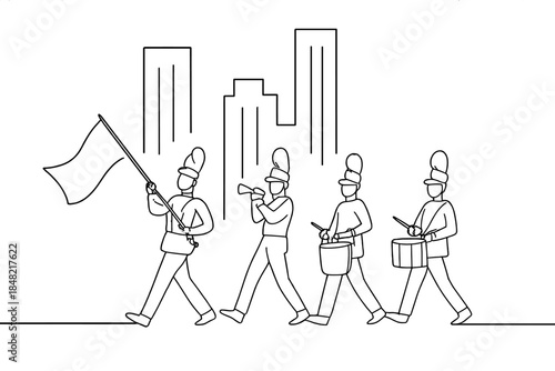 Minimalist Parade March. New Year parade marching through downtown. Minimalistic one-line drawing parade