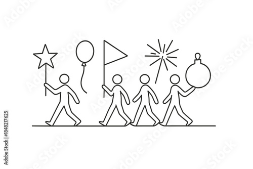 Minimalist New Year Parade. Downtown New Year marchers. Minimalistic one-line drawing a parade row moving
