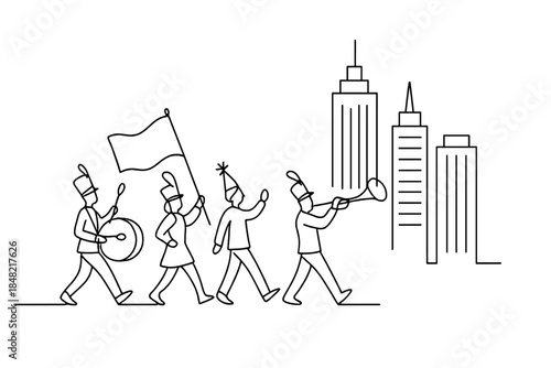 Minimal Urban Parade. Urban New Year parade march. Minimalistic one-line drawing parade members walking in a