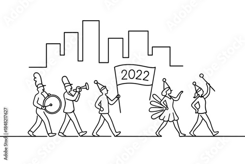 Minimalistic Parade Silhouettes. New Year parade line marching downtown. Minimalistic one-line drawing