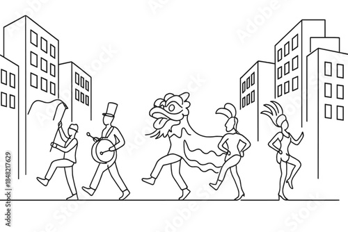 Minimalist Parade Sketch. New Year parade crossing downtown street. Minimalistic one-line drawing performers