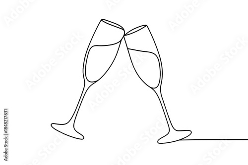 Champagne Flutes Clinking. Midnight moment of champagne celebration. Minimalistic one-line drawing two flutes