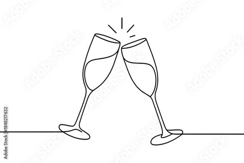 Champagne Glasses Toasting. Midnight sparkling toast. Minimalistic one-line drawing two champagne glasses