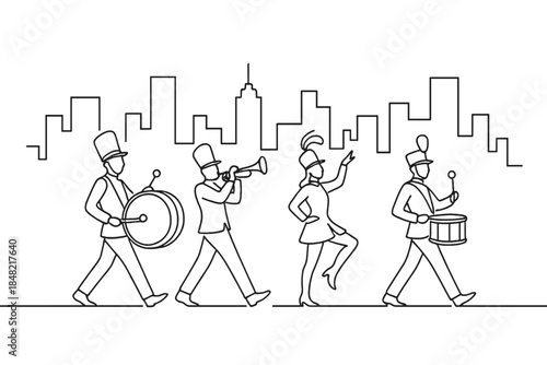 Minimalist Parade Illustration. New Year street parade downtown. Minimalistic one-line drawing performers