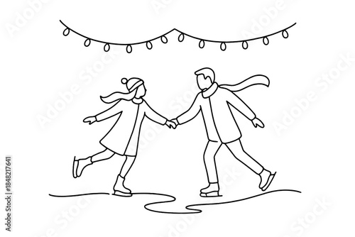 Minimalist Ice Skating. Winter festival ice skating. Minimalistic one-line drawing couple skating on a frozen